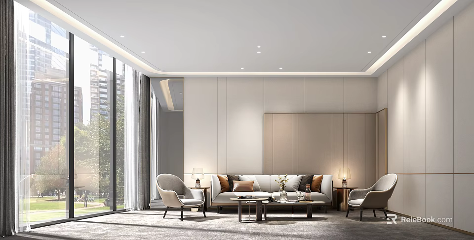 Modern Office Interior Design With Open Layout Sofa Floor to Ceiling Windows And Coffee Table 3d model 
