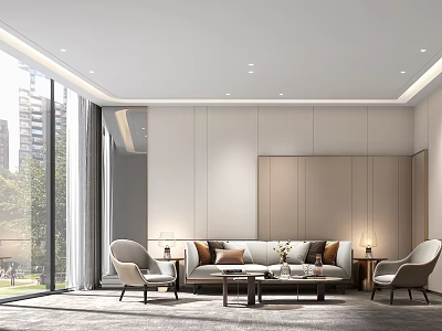 Modern Office Interior Design With Open Layout Sofa Floor to Ceiling Windows And Coffee Table 3d model