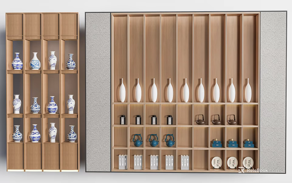 Wooden Shelf Unit With Multiple Compartments Holding Vases Teapots Baskets And Decorative Plates 3d model 