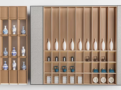 Wooden Shelf Unit With Multiple Compartments Holding Vases Teapots Baskets And Decorative Plates 3d model