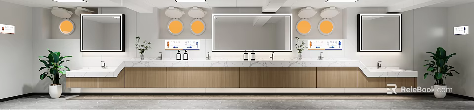 Modern Minimalist Public Toilet Wash Area With Large Backlit Mirror Marble Countertop And Wooden Cabinets 3d model 