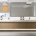 Modern Minimalist Public Toilet Wash Area With Large Backlit Mirror Marble Countertop And Wooden Cabinets