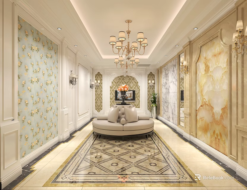 Luxurious Hallway Interior With Chandelier Floral Wallpaper Beige Sofa Marble Walls And Geometric Carpet 3d model 