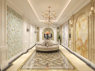 Luxurious Hallway Interior With Chandelier Floral Wallpaper Beige Sofa Marble Walls And Geometric Carpet 3d model