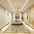 Luxurious Hallway Interior With Chandelier Floral Wallpaper Beige Sofa Marble Walls And Geometric Carpet