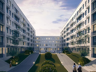Symmetrical Multi Story White School Building With Central Courtyard Greenery Pathways And Students 3d model