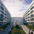 Symmetrical Multi Story White School Building With Central Courtyard Greenery Pathways And Students