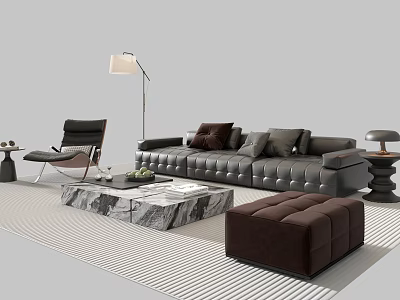 Modern Luxury Tufted Leather Sofa And Natural Marble Coffee Table Set For Elegant Living Spaces 3d model