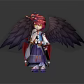 Fantasy Character In Traditional Outfit With Red Hair Fan Black Bird Wings And Ornate Headpiece