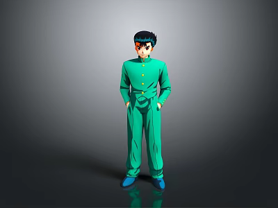 Animated 3D Character Model With Black Short Hair Green Outfit And Blue Shoes Standing Pose 3d model