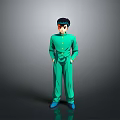 Animated 3D Character Model With Black Short Hair Green Outfit And Blue Shoes Standing Pose