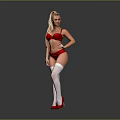 Woman Posing In Red Lingerie White Thigh High Stockings Red High Heels On Gray Background