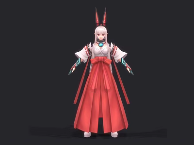 Anime Character With Long Ears In Red Traditional Dress White Top And Decorative Ribbons 3d model