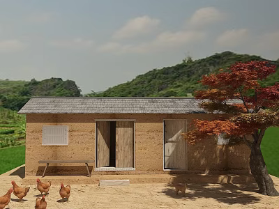 Rustic Cottage With Gray Tile Roof Red Leaf Tree And Chickens Near Green Hills 3d model