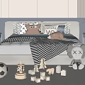 Double Bed with GOOD NIGHT Pillow Stuffed Bear and Children's Toys on Carpet