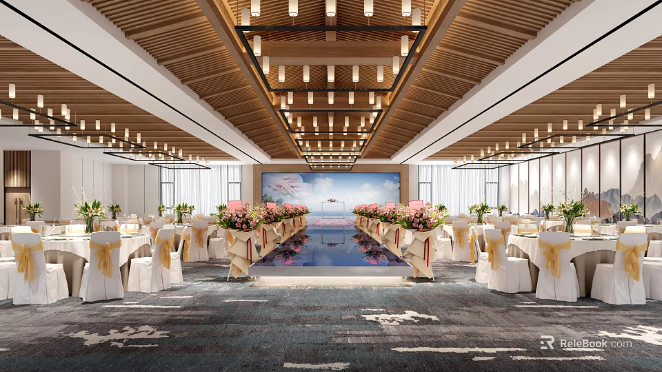 Elegant Banquet Hall With Wooden Ceiling Chandeliers Central Water Pool And Flower Arrangements 3d model 