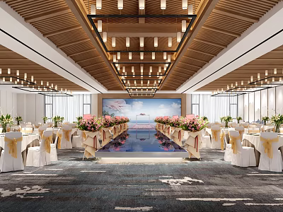 Elegant Banquet Hall With Wooden Ceiling Chandeliers Central Water Pool And Flower Arrangements 3d model