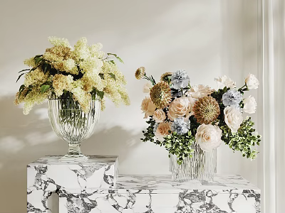 Elegant Glass Vases With Yellow Pink Blue Beige Flowers On Marble Tabletop 3d model