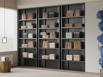Modern Open Shelf Bookcase With Neatly Arranged Books And Decorations In Bright Room 3d model