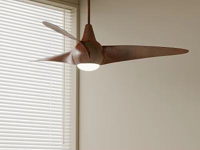 Wooden Ceiling Fan With Light And Blades Near Window Blinds In Room 3d model
