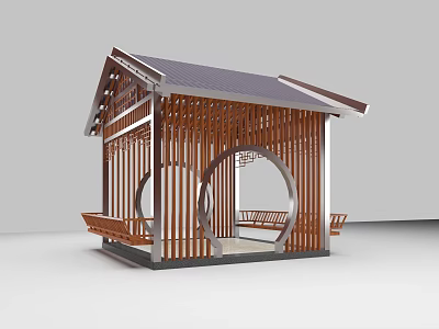 Modern Landscape Pavilion with Wooden Structure Dark Roof Circular Design and Benches 3d model