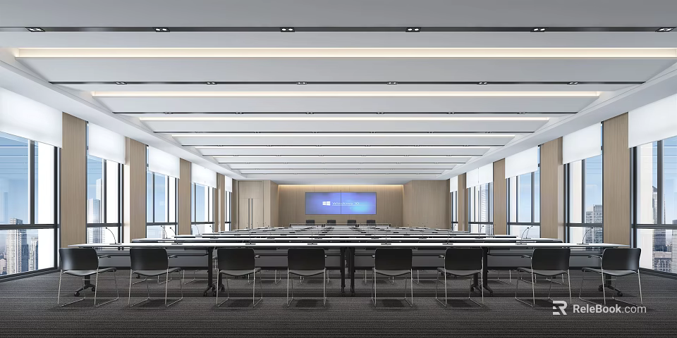 Modern Conference Room Interior With Long Table Multiple Chairs Large Screen And Windows 3d model