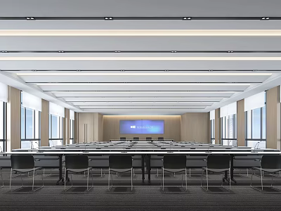 Modern Conference Room Interior With Long Table Multiple Chairs Large Screen And Windows 3d model
