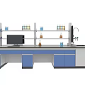 Functional Laboratory Workbench With Blue And White Cabinets Sink Shelves And Chemical Bottles 3d model