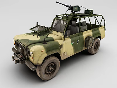 Military Style Camouflage Off Road Vehicle With Roof Mounted Machine Gun Rack And Storage Box 3d model
