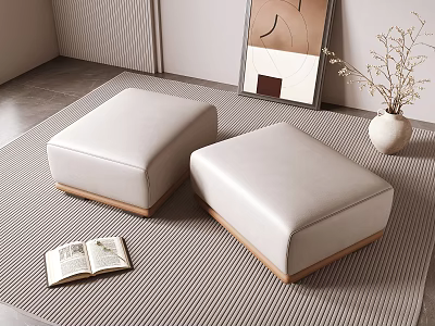 Two White Upholstered Footstools On Striped Rug With Open Book Vase And Wall Art 3d model