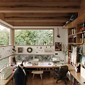 Wooden Study Room Interior Design With Large Windows Green Trees Outside And Bookshelves