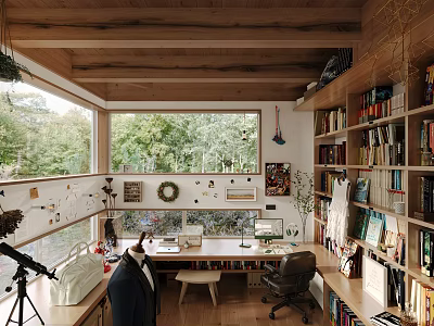 Wooden Study Room Interior Design With Large Windows Green Trees Outside And Bookshelves 3d model