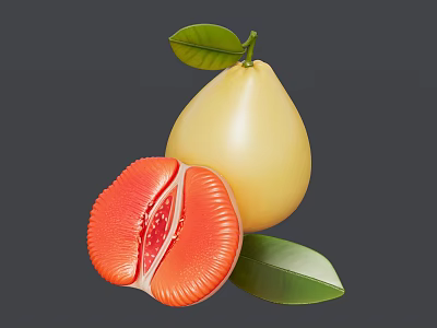 Decorative Ornament Set Featuring Whole Yellow Fruit and Halved Red Pulp with Green Leaves 3d model