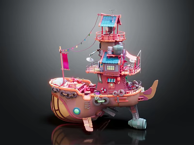Pink Wooden Ship With Multi Level Structure Small House Flag And String Lights 3d model