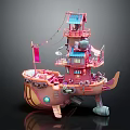 Pink Wooden Ship With Multi Level Structure Small House Flag And String Lights 3d model