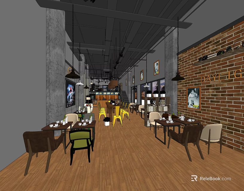 Modern Café Interior with Bricked Wall Wooden Floor Colorful Chairs and Hanging Lights 3d model 