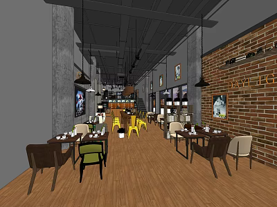 Modern Café Interior with Bricked Wall Wooden Floor Colorful Chairs and Hanging Lights 3d model