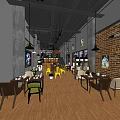 Modern Café Interior with Bricked Wall Wooden Floor Colorful Chairs and Hanging Lights