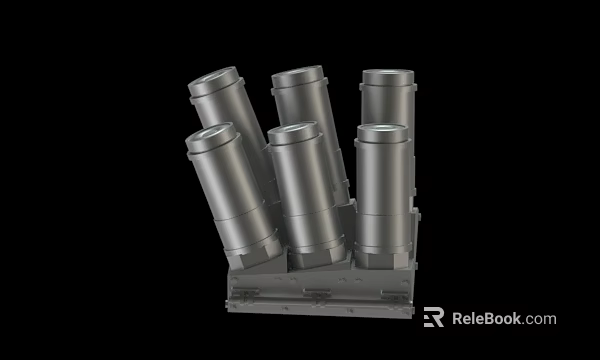 Six Silver Cylindrical Mechanical Components On Industrial Metal Base 3d model