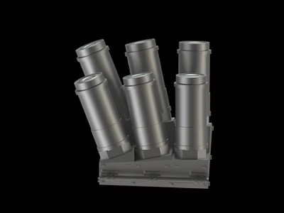 Six Silver Cylindrical Mechanical Components On Industrial Metal Base 3d model