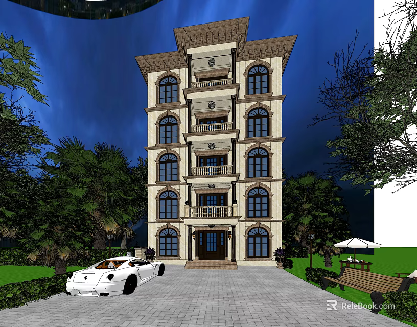 European Style Multi Story Detached Villa With Arched Windows White Car And Lush Greenery 3d model 