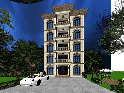 European Style Multi Story Detached Villa With Arched Windows White Car And Lush Greenery 3d model