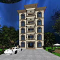 European Style Multi Story Detached Villa With Arched Windows White Car And Lush Greenery