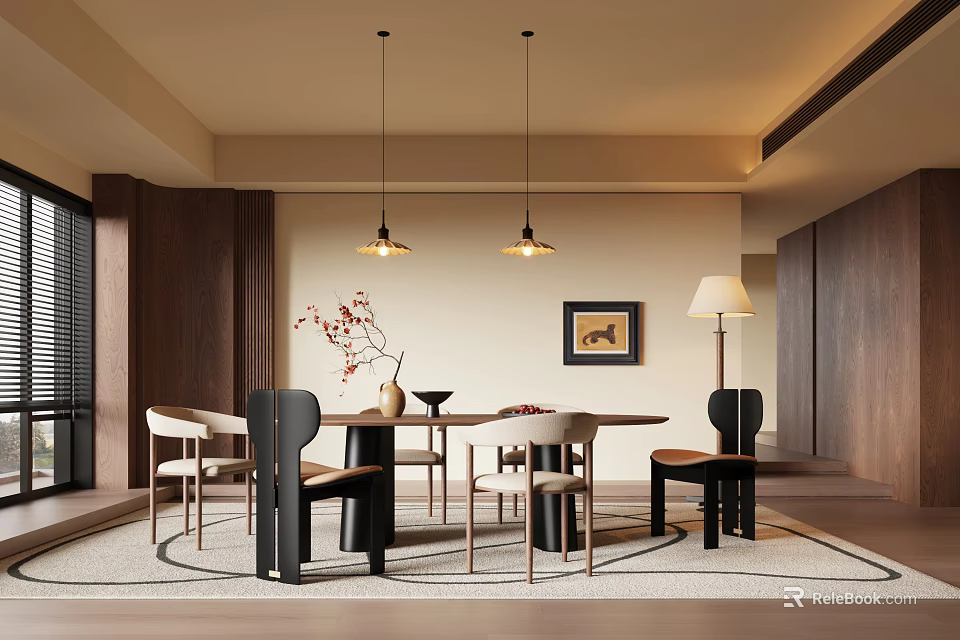 Modern Restaurant Interior With Oval Dining Table Black Beige Chairs And Pendant Lights 3d model