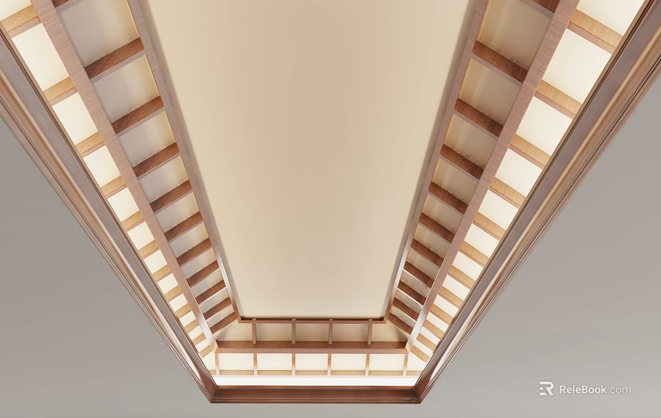 Modern Ceiling Design with Wooden Grid Frame and Recessed Lighting Features 3d model 
