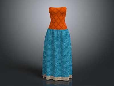 Strapless Long Dress Featuring Orange Diamond Pattern And Blue Textured Skirt With Trim 3d model