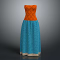 Strapless Long Dress Featuring Orange Diamond Pattern And Blue Textured Skirt With Trim