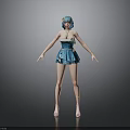 Woman With Turquoise Hair In Blue Dress And Hair Accessory Standing With Arms Outstretched