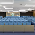 Spacious Conference Room Interior With Blue Seats White Ceiling And Wall Emblem 3d model