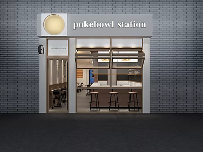 Pokebowl Station Restaurant Exterior With Brick Wall Open Storefront And Bar Stools Interior 3d model
